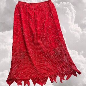 Vintage 70s Beaded Unique Retro Red Maxi skirt